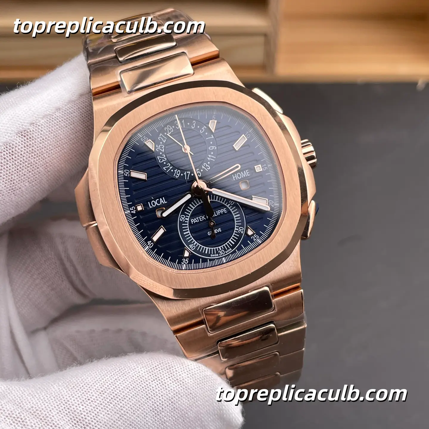 3K Factory Patek Philippe Nautilus Series 5990/1R-001 Travel Time Chronograph Super Clone Watch 40.5mm Blue Dial Rose Gold Case & Bracelet Automatic Movement - Image 4