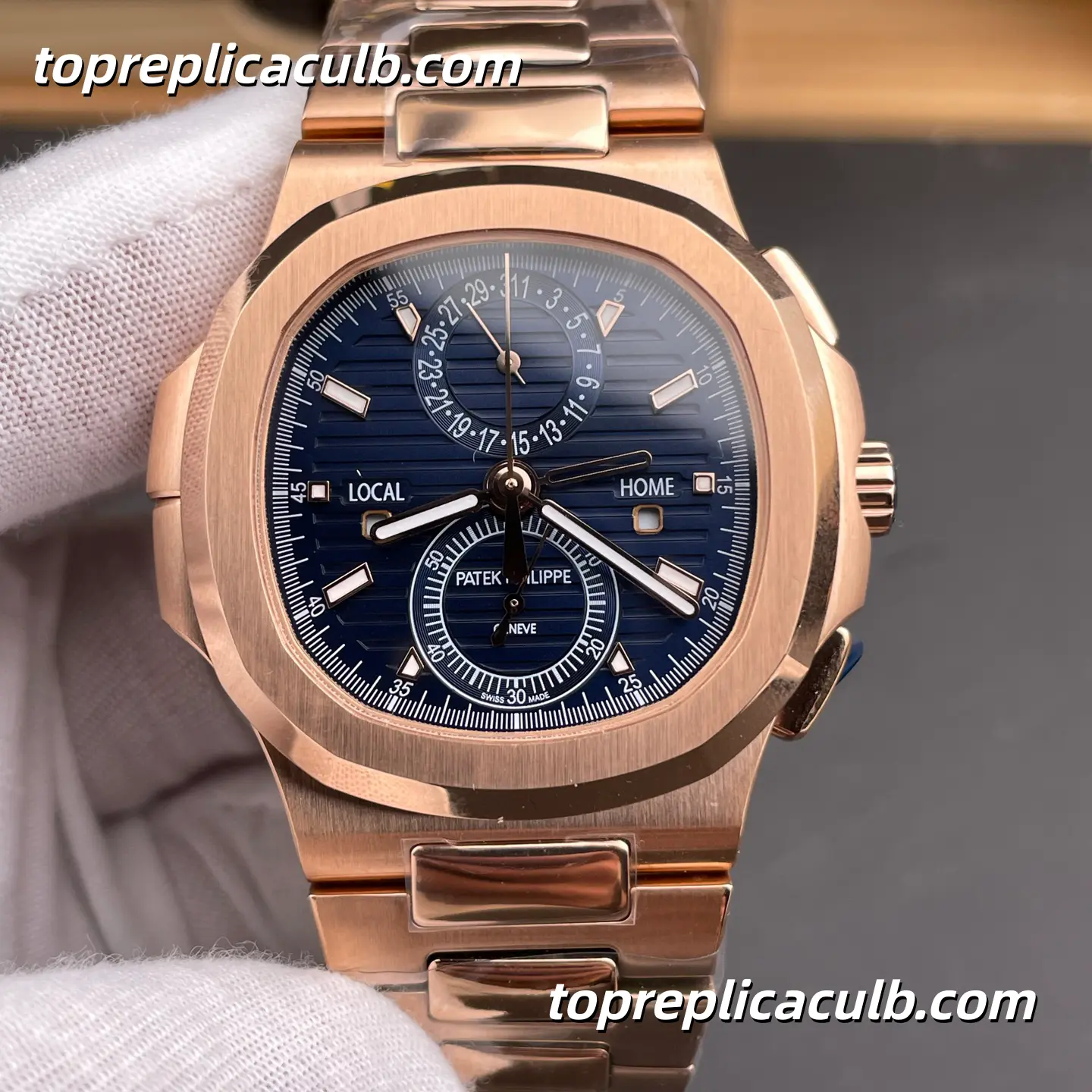 3K Factory Patek Philippe Nautilus Series 5990/1R-001 Travel Time Chronograph Super Clone Watch 40.5mm Blue Dial Rose Gold Case & Bracelet Automatic Movement - Image 3