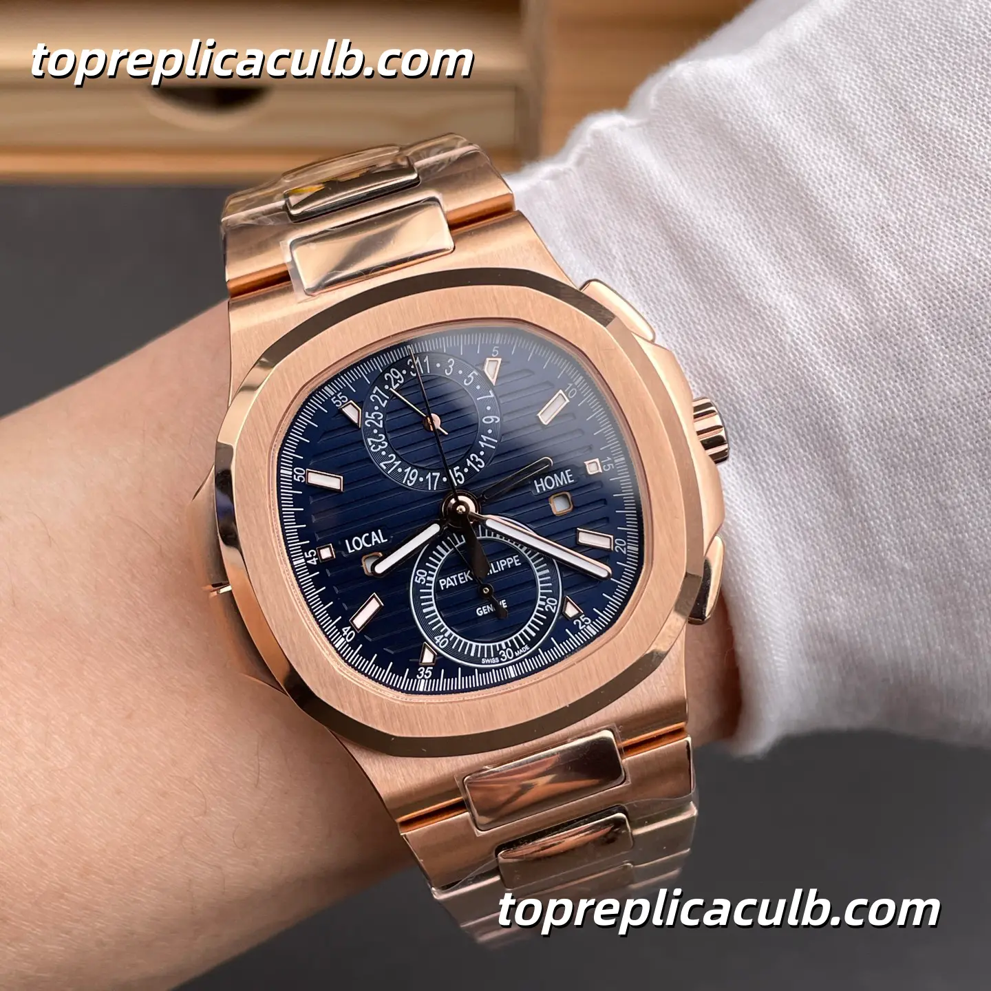 3K Factory Patek Philippe Nautilus Series 5990/1R-001 Travel Time Chronograph Super Clone Watch 40.5mm Blue Dial Rose Gold Case & Bracelet Automatic Movement - Image 2