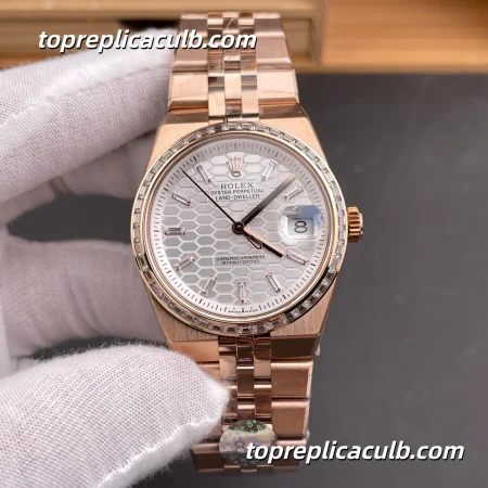 8+ Factory Rolex Land-Dweller 127285TBR-0002 40MM White Honeycomb Dial Diamond Bezel Everose Gold Bracelet Super Clone Watch with 7135 Movement
