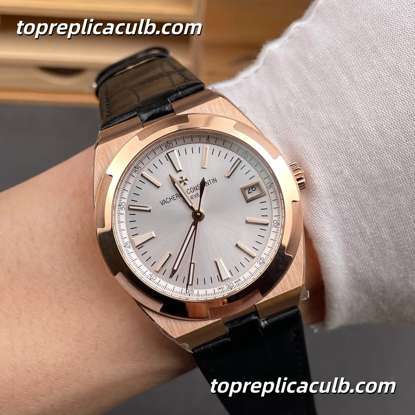 8F Factory Vacheron Constantin Overseas 4500V/000R-B127 Super Clone Watch 41mm Rose Gold Silver Dial Black Leather Strap 5100 Movement - Image 2