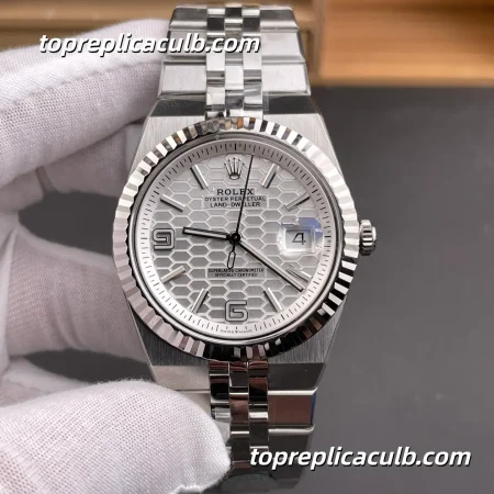 8+Factory Rolex Land-Dweller 127334-0001 40MM White Honeycomb Dial Fluted Bezel Stainless Steel Jubilee Bracelet Super Clone Watch with 7135 Movement
