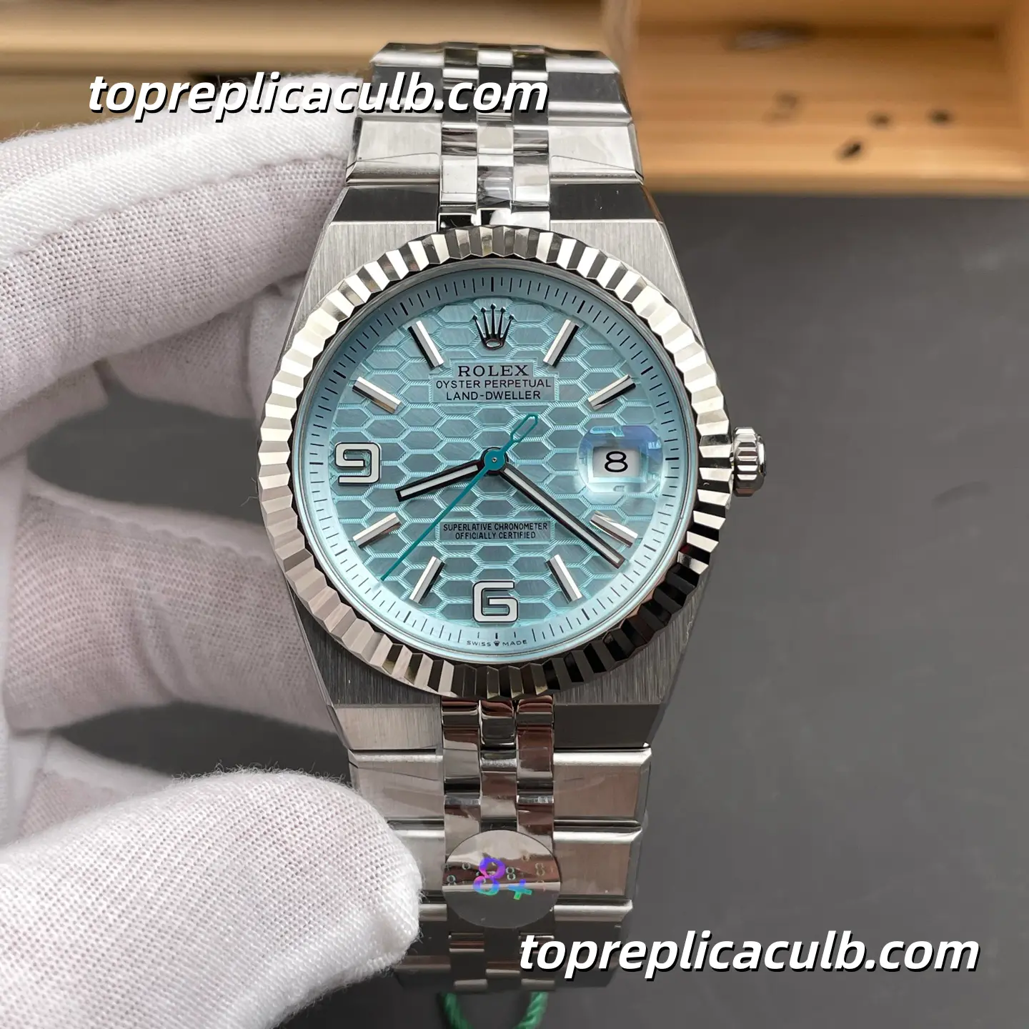 8+Factory Rolex Land-Dweller 127336-0001 40MM Ice Blue Honeycomb Dial Fluted Bezel Platinum Super Clone Watch with 7135 Movement