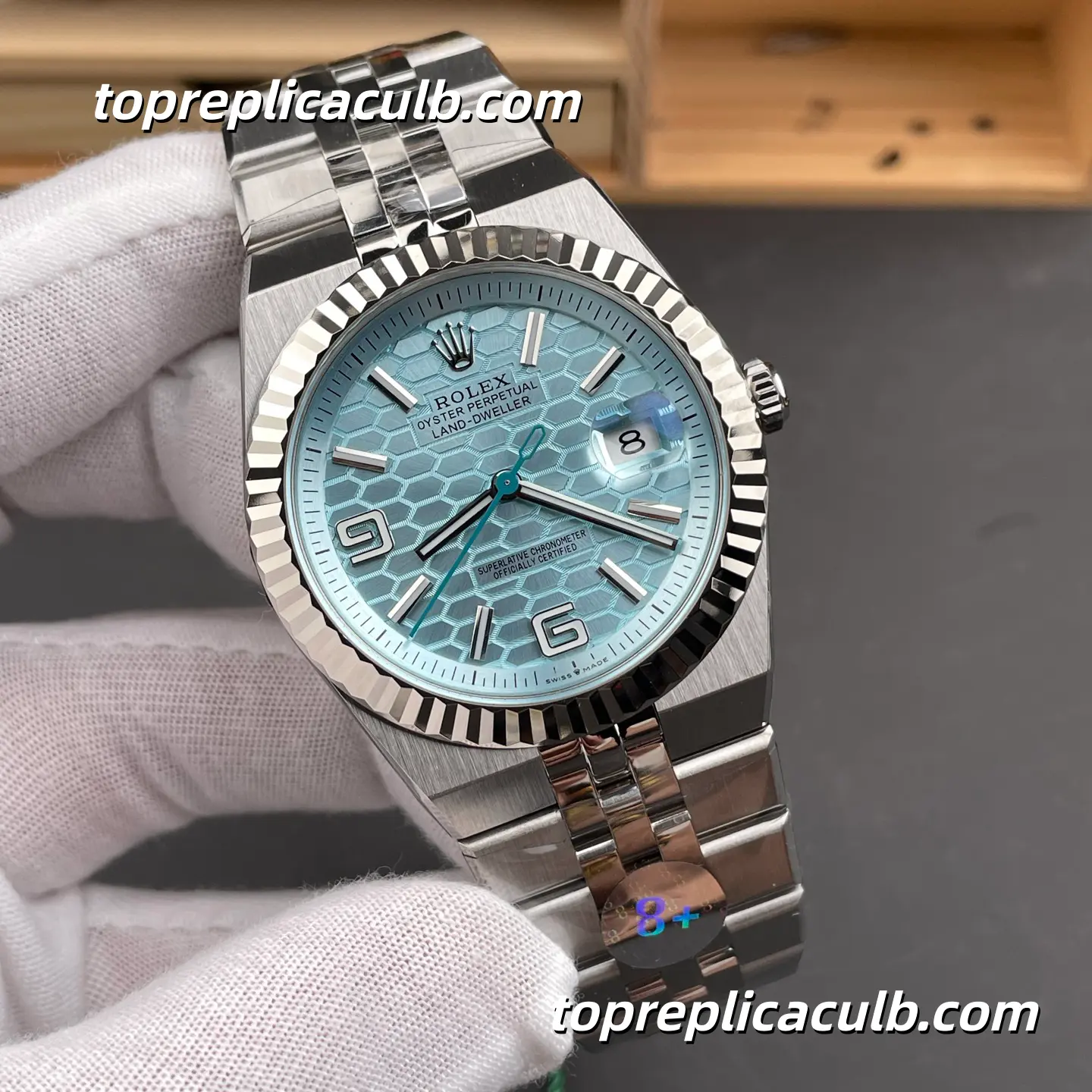 8+Factory Rolex Land-Dweller 127336-0001 40MM Ice Blue Honeycomb Dial Fluted Bezel Platinum Super Clone Watch with 7135 Movement - Image 4