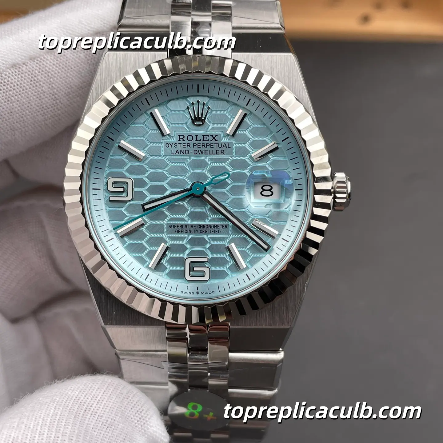 8+Factory Rolex Land-Dweller 127336-0001 40MM Ice Blue Honeycomb Dial Fluted Bezel Platinum Super Clone Watch with 7135 Movement - Image 3