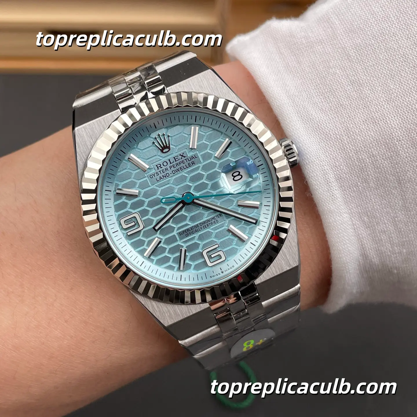 8+Factory Rolex Land-Dweller 127336-0001 40MM Ice Blue Honeycomb Dial Fluted Bezel Platinum Super Clone Watch with 7135 Movement - Image 2