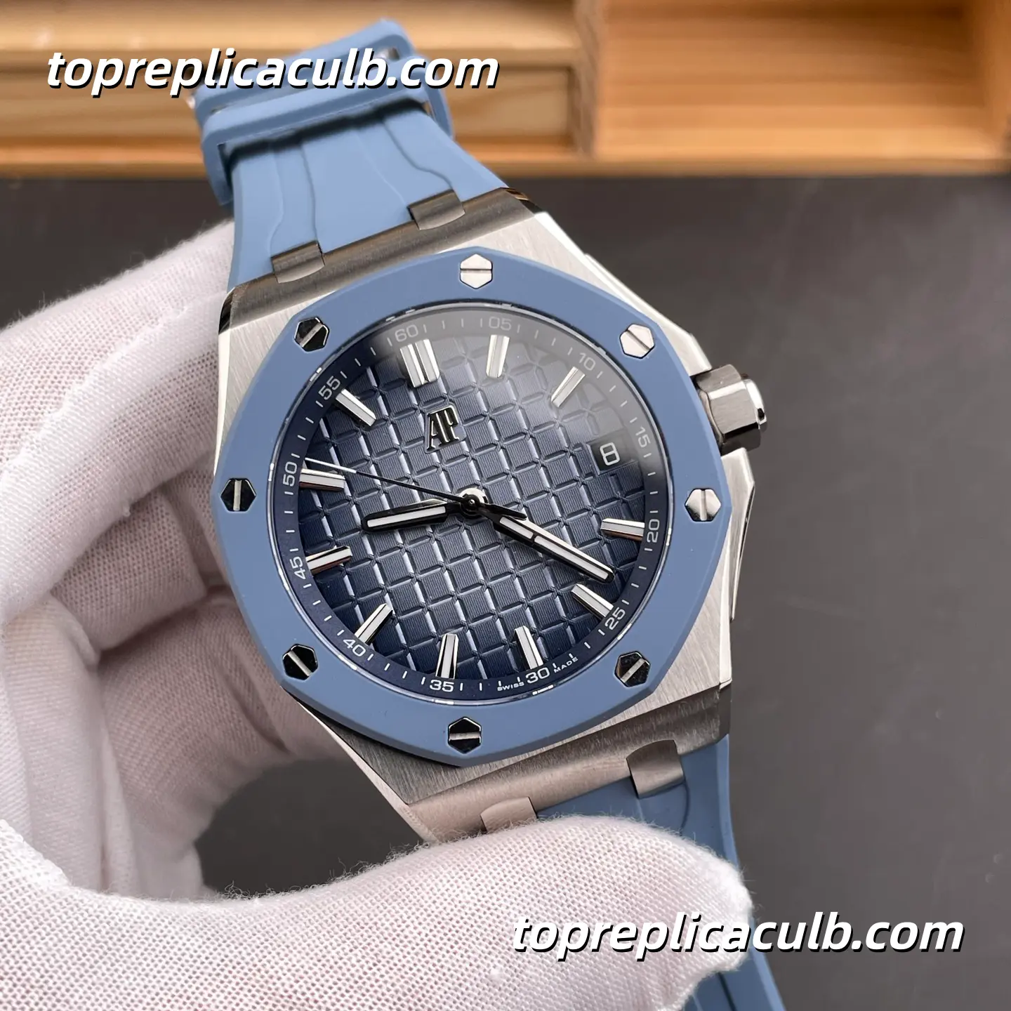 APP Factory Audemars Piguet Royal Oak Offshore Ref.15605SK.OO.A350CA.01 43MM Light Blue Dial Super Clone Watch with Blue Rubber Strap and 1:1 Automatic Movement - Image 4