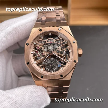 APP Factory Audemars Piguet Royal Oak Tourbillon Openworked 41MM 26735 Rose Gold Skeleton Dial Full Rose Gold Bracelet Super Clone Watch with 2972 Tourbillon Automatic Movement