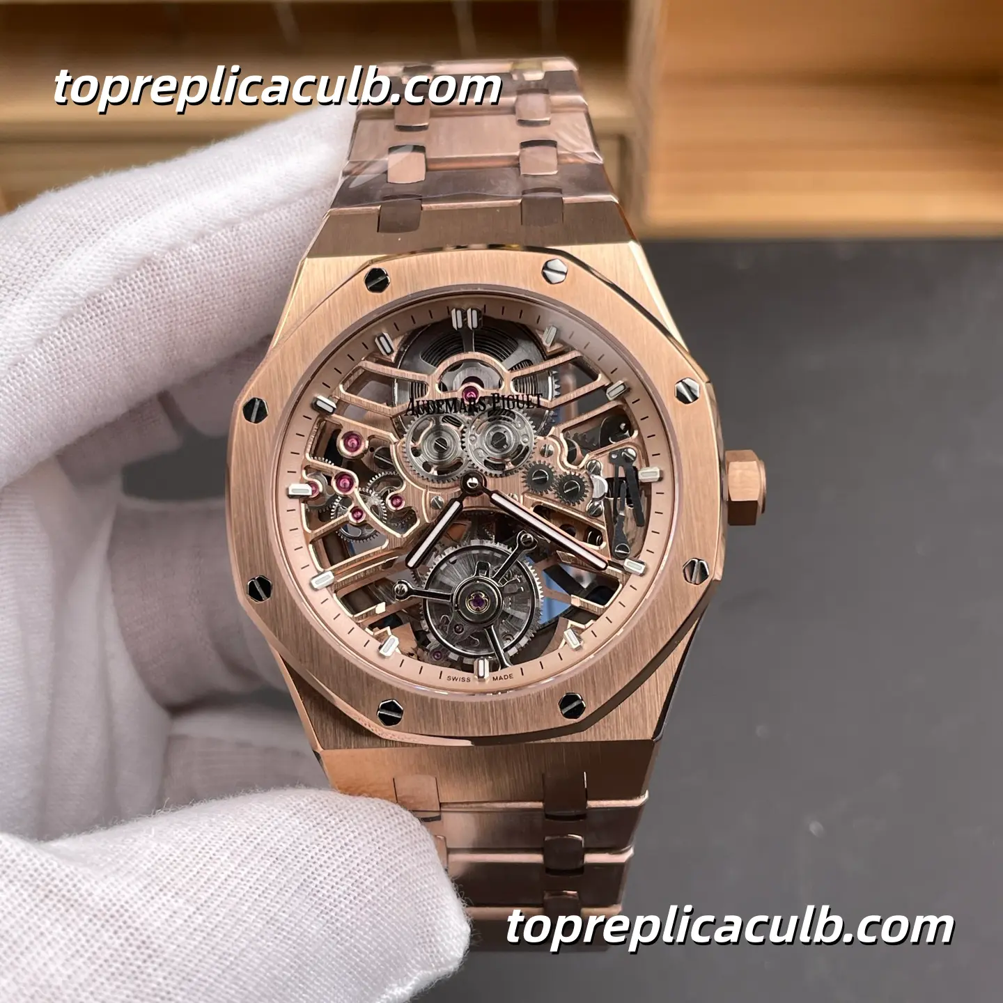 APP Factory Audemars Piguet Royal Oak Tourbillon Openworked 41MM 26735 Rose Gold Skeleton Dial Full Rose Gold Bracelet Super Clone Watch with 2972 Tourbillon Automatic Movement