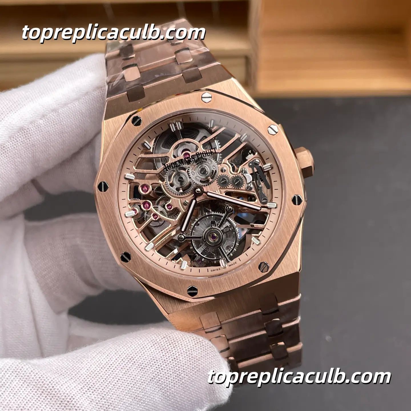 APP Factory Audemars Piguet Royal Oak Tourbillon Openworked 41MM 26735 Rose Gold Skeleton Dial Full Rose Gold Bracelet Super Clone Watch with 2972 Tourbillon Automatic Movement - Image 4