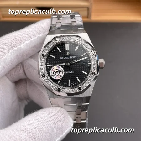 APS Factory Audemars Piguet Royal Oak 37MM 15451ST.ZZ.1256ST.01 Black Grande Tapisserie Dial Diamond Bezel Stainless Steel Bracelet Super Clone Watch