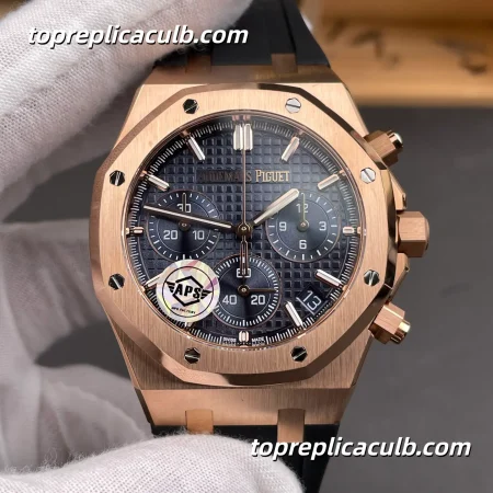 APS Factory Audemars Piguet Royal Oak Chronograph 41MM 26240OR.OO.D315CR.02 Bleu Dial Rose Gold Case Black Rubber Strap Super Clone Watch