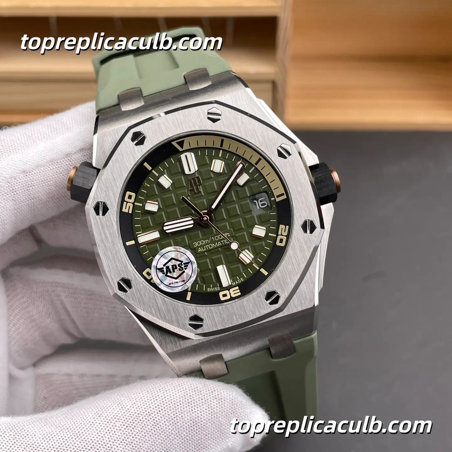 APS Factory Audemars Piguet Royal Oak Offshore Ref.15720ST.OO.A052CA.01 42MM Green Dial “Avocado” Super Clone Watch with Green Rubber Strap and APS Automatic Movement - Image 4