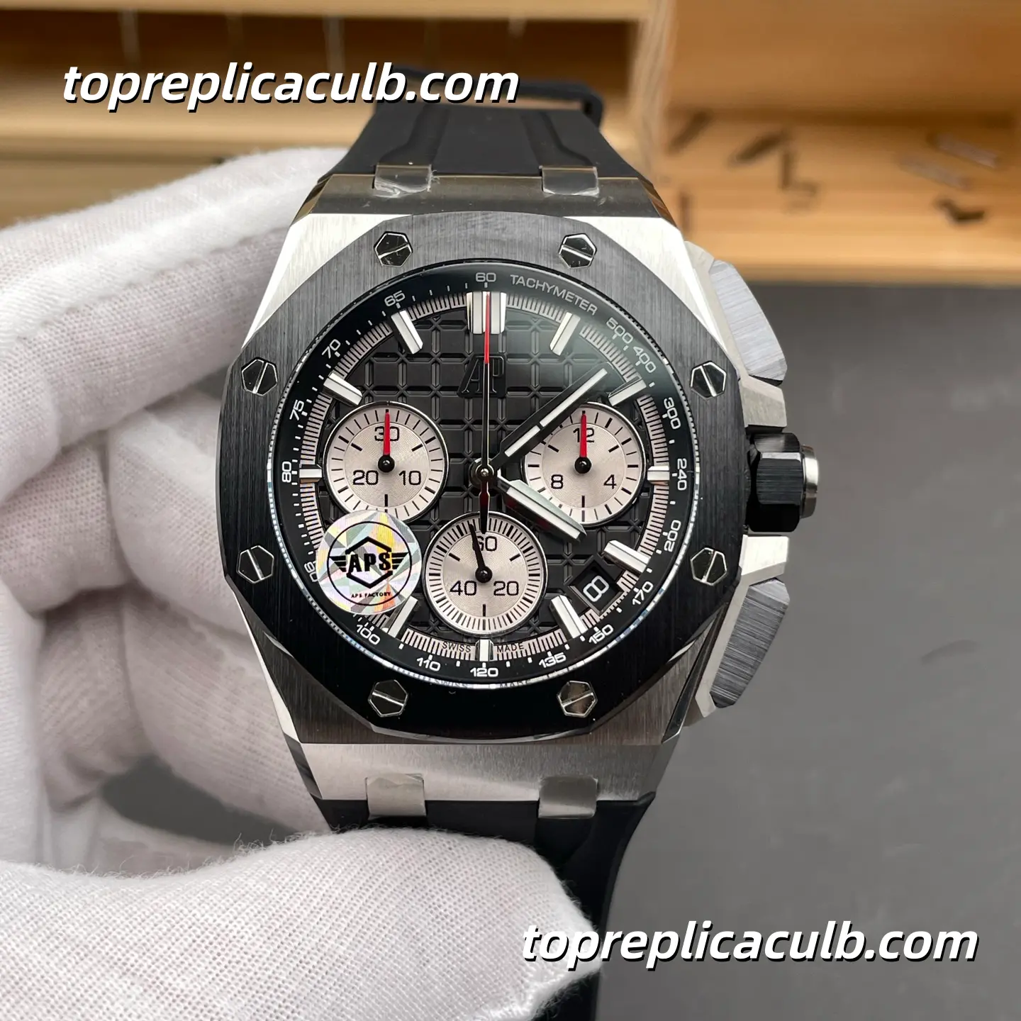 APS Factory Audemars Piguet Royal Oak Offshore Chronograph 43MM Black Dial Super Clone Watch with Black Rubber Strap and 4401 Flyback Chronograph Automatic Movement
