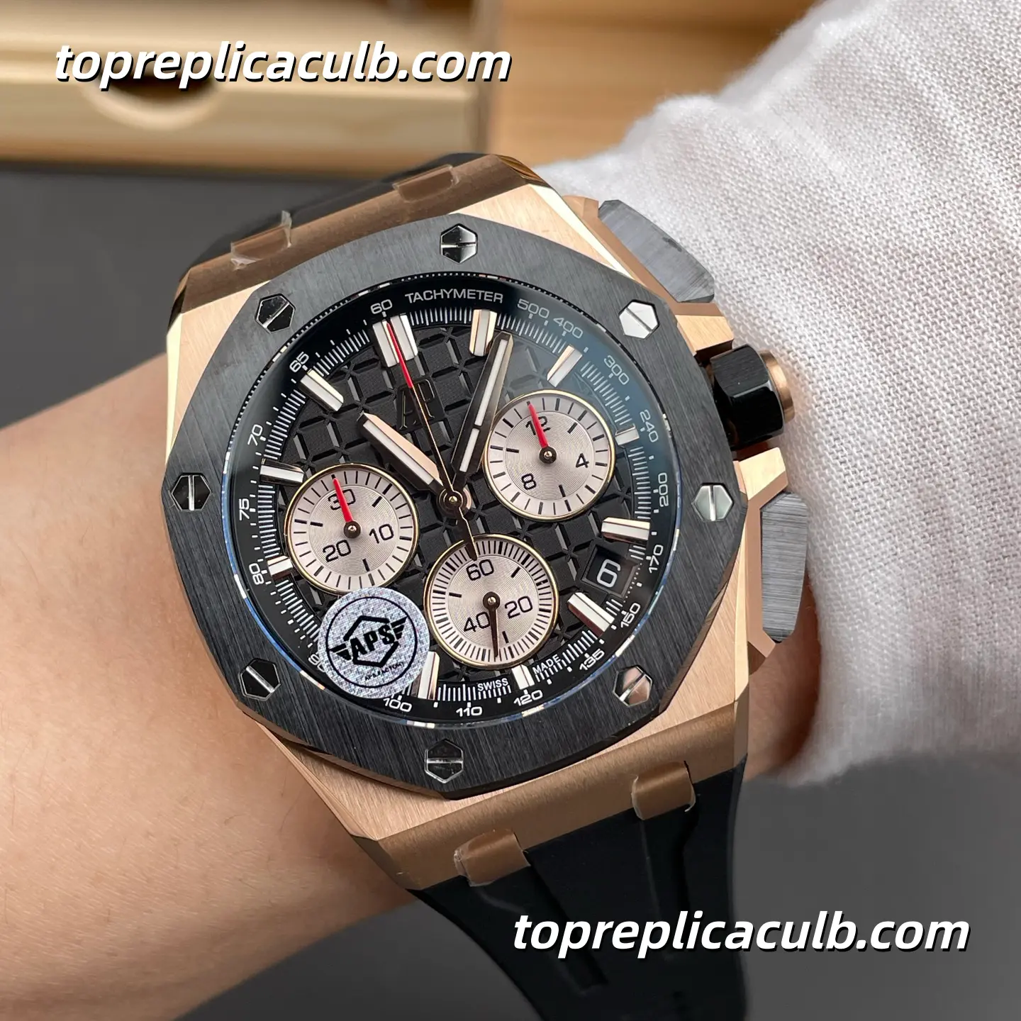 APS Factory Audemars Piguet Royal Oak Offshore Chronograph 43MM Rose Gold Black Dial Super Clone Watch with Black Rubber Strap and 4401 Flyback Chronograph Automatic Movement - Image 2