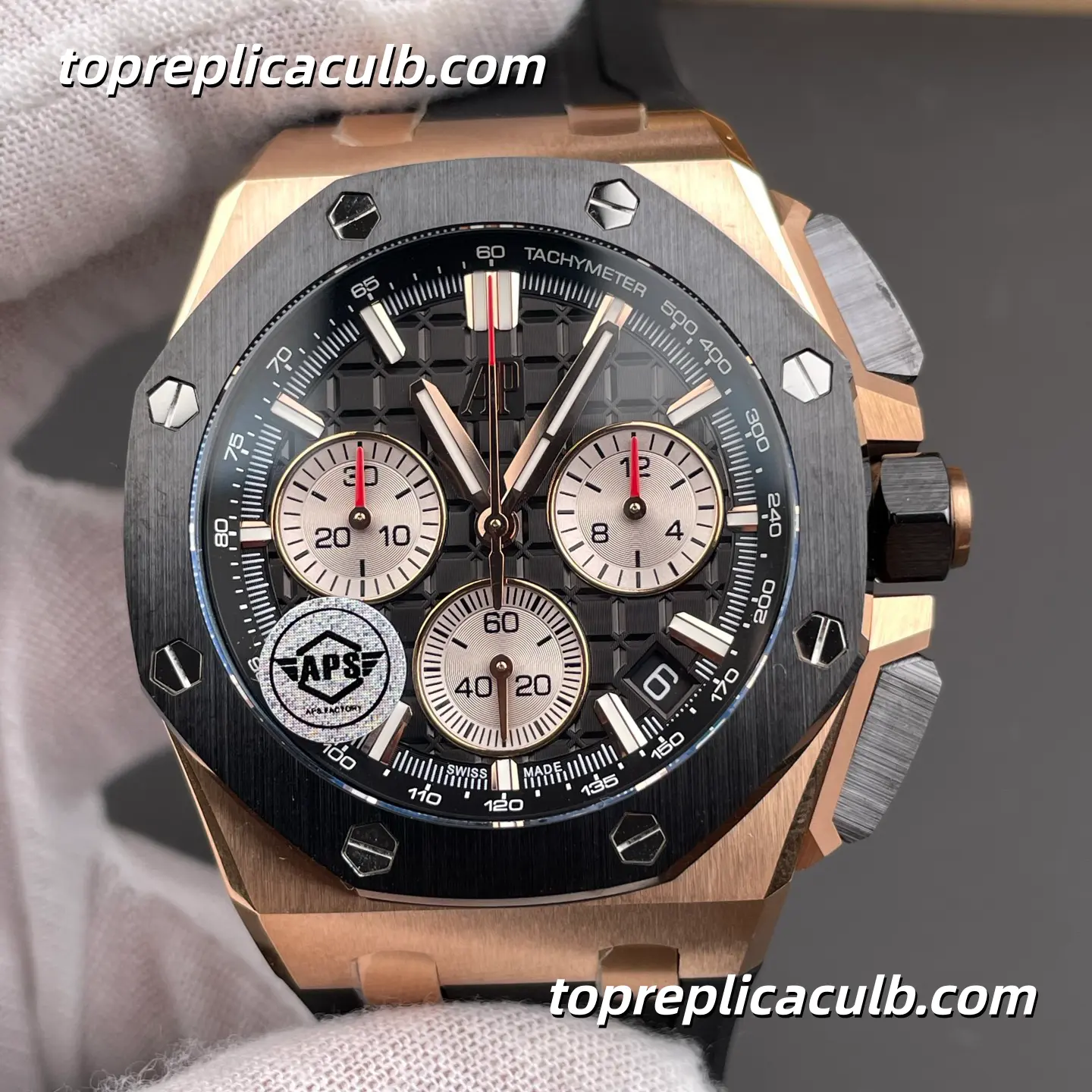 APS Factory Audemars Piguet Royal Oak Offshore Chronograph 43MM Rose Gold Black Dial Super Clone Watch with Black Rubber Strap and 4401 Flyback Chronograph Automatic Movement - Image 3