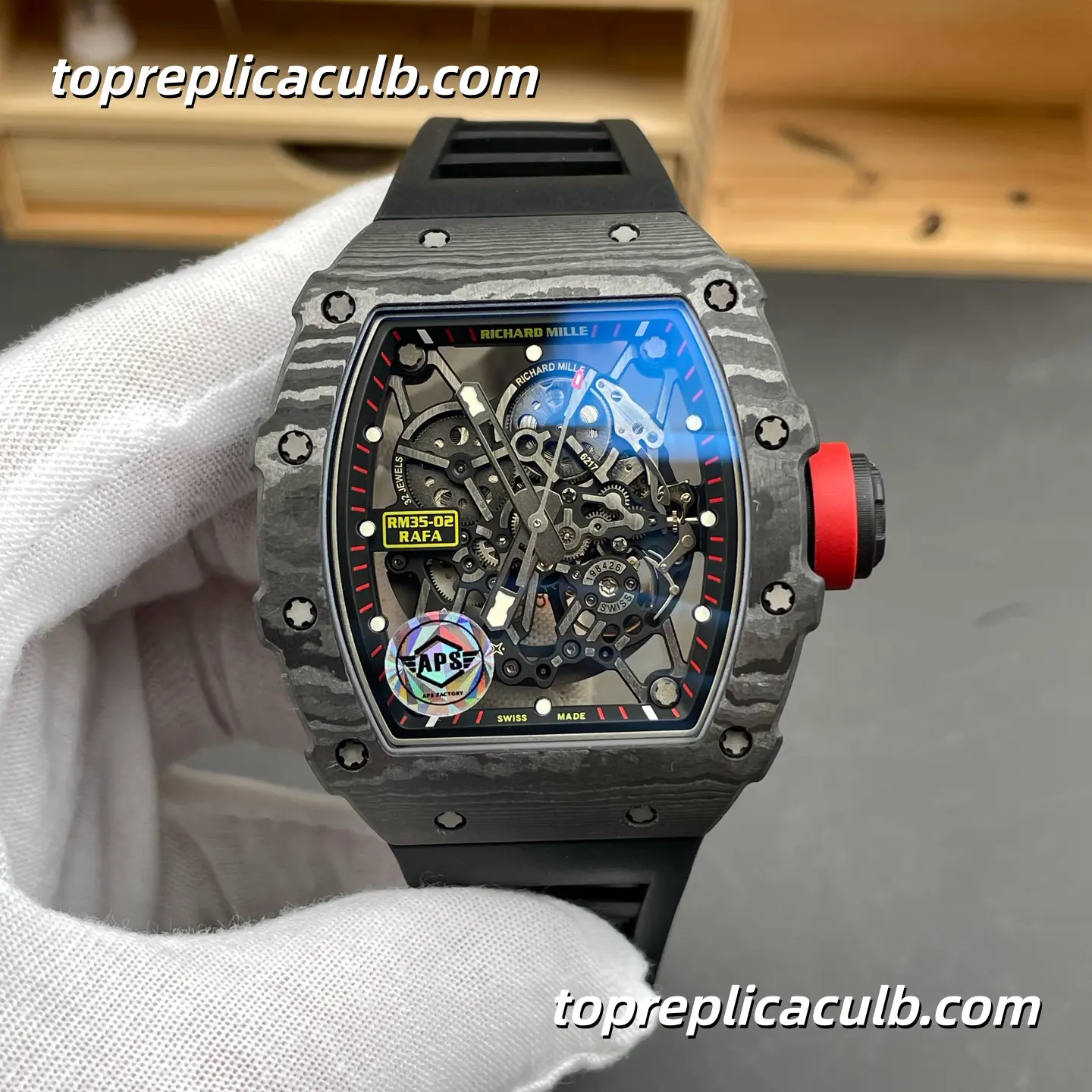 APS Factory Richard Mille RM35-02 Rafael Nadal V2 Carbon Fiber Red Crown Skeleton Dial 49.94x44.5mm Super Clone Watch