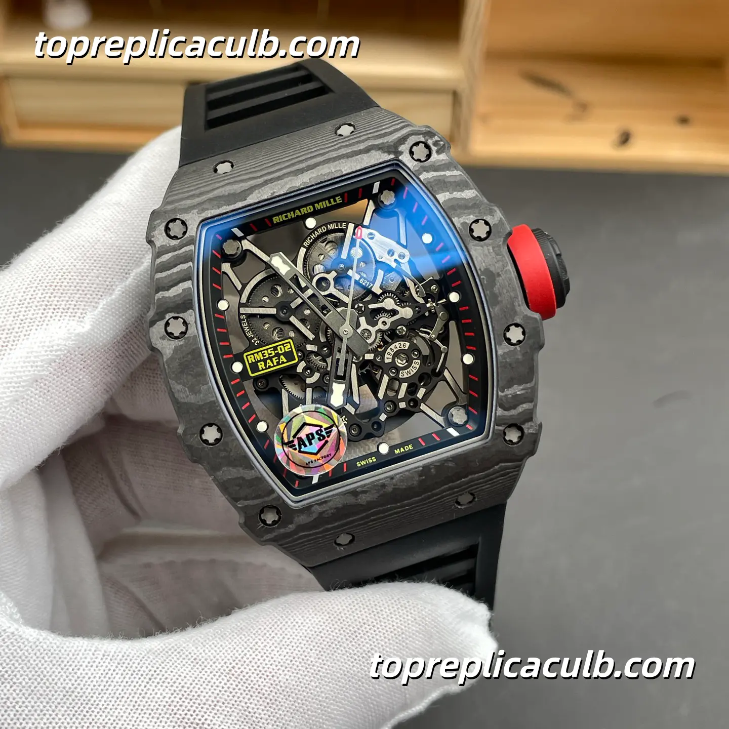 APS Factory Richard Mille RM35-02 Rafael Nadal V2 Carbon Fiber Red Crown Skeleton Dial 49.94x44.5mm Super Clone Watch With RMAL1 Free-Sprung Movement - Image 4