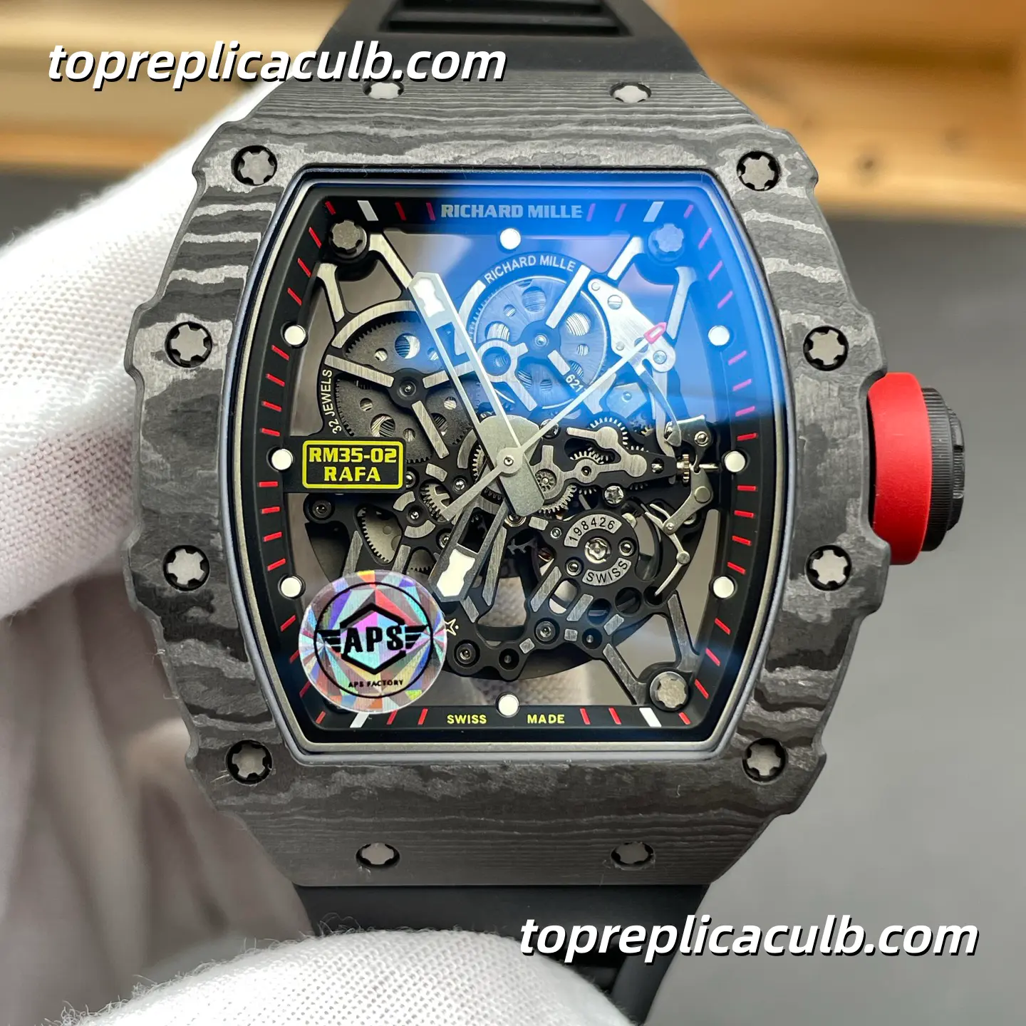 APS Factory Richard Mille RM35-02 Rafael Nadal V2 Carbon Fiber Red Crown Skeleton Dial 49.94x44.5mm Super Clone Watch With RMAL1 Free-Sprung Movement - Image 3