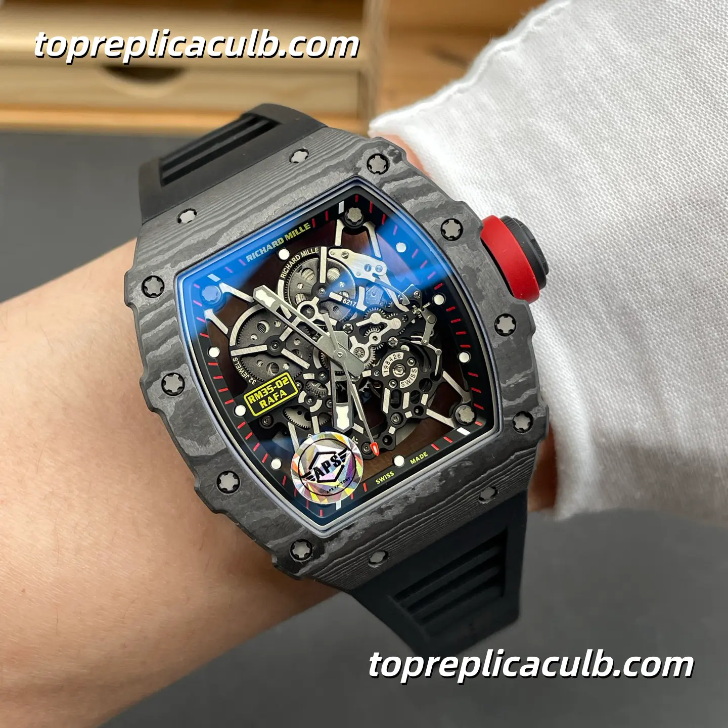 APS Factory Richard Mille RM35-02 Rafael Nadal V2 Carbon Fiber Red Crown Skeleton Dial 49.94x44.5mm Super Clone Watch With RMAL1 Free-Sprung Movement - Image 2
