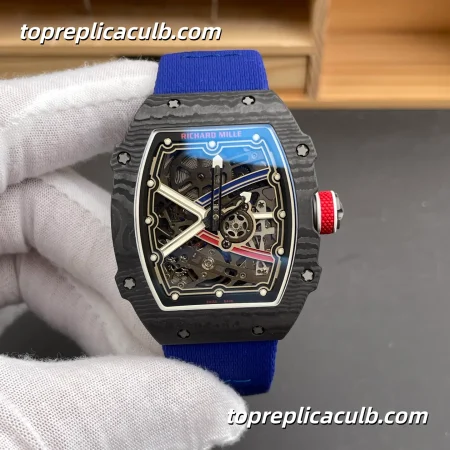 AV Factory Richard Mille RM67-02 France Edition Black Carbon Fiber Case Skeleton Dial 47x8.8MM Blue Rubber Strap Super Clone Watch With 1:1 CRMA7 Automatic Movement