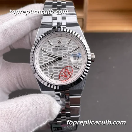B Factory Rolex Land-Dweller 127334-0001 40MM White Honeycomb Dial Fluted Bezel Stainless Steel Jubilee Bracelet Super Clone Watch with 7135 Movement