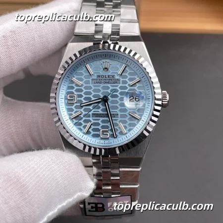 B Factory Rolex Land-Dweller 127336-0001 40MM Ice Blue Honeycomb Dial Fluted Bezel Platinum Super Clone Watch with 7135 Movement