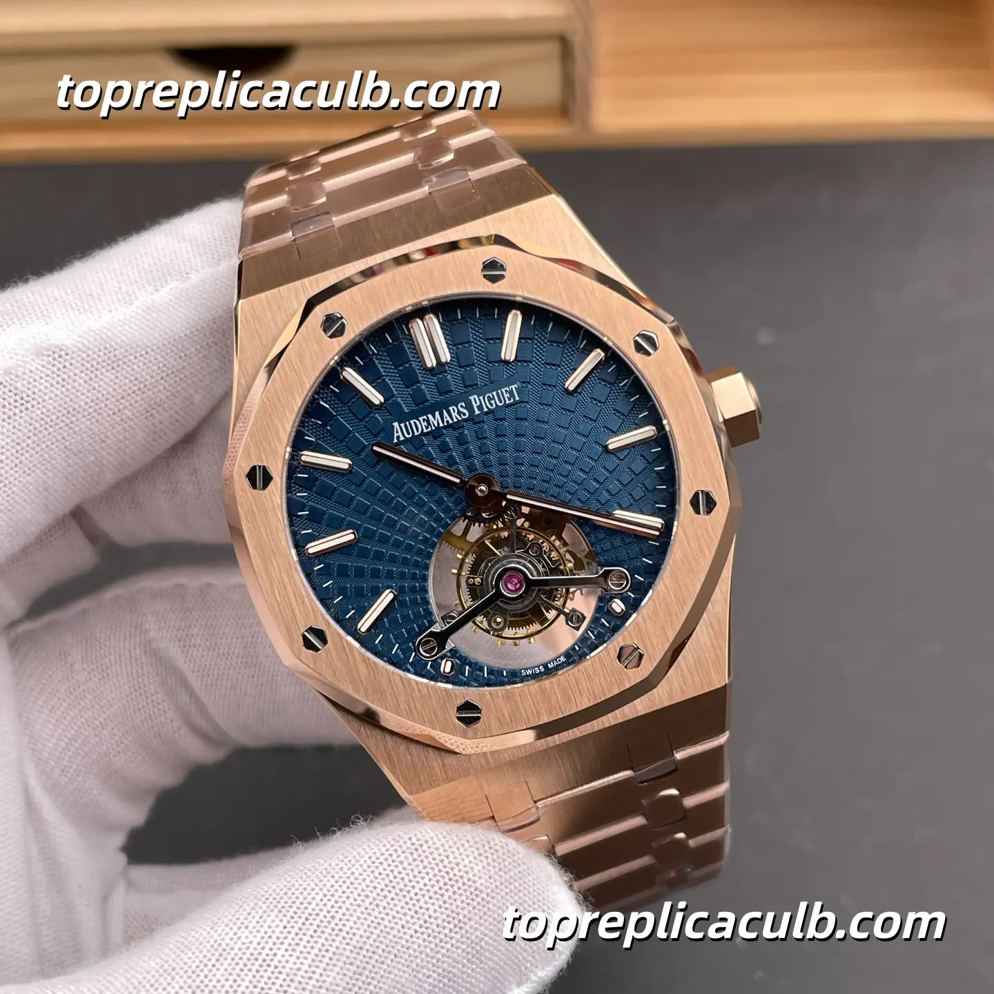 BBS Factory Audemars Piguet Royal Oak Tourbillon 41MM 26522OR.OO.1220OR.01 Blue “Evolutive Tapisserie” Dial Rose Gold Style Super Clone Watch with Integrated Bracelet and Flying Tourbillon Automatic Movement - Image 4