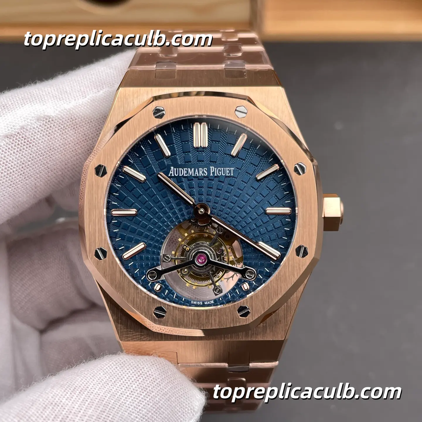 BBS Factory Audemars Piguet Royal Oak Tourbillon 41MM 26522OR.OO.1220OR.01 Blue “Evolutive Tapisserie” Dial Rose Gold Style Super Clone Watch with Integrated Bracelet and Flying Tourbillon Automatic Movement - Image 3
