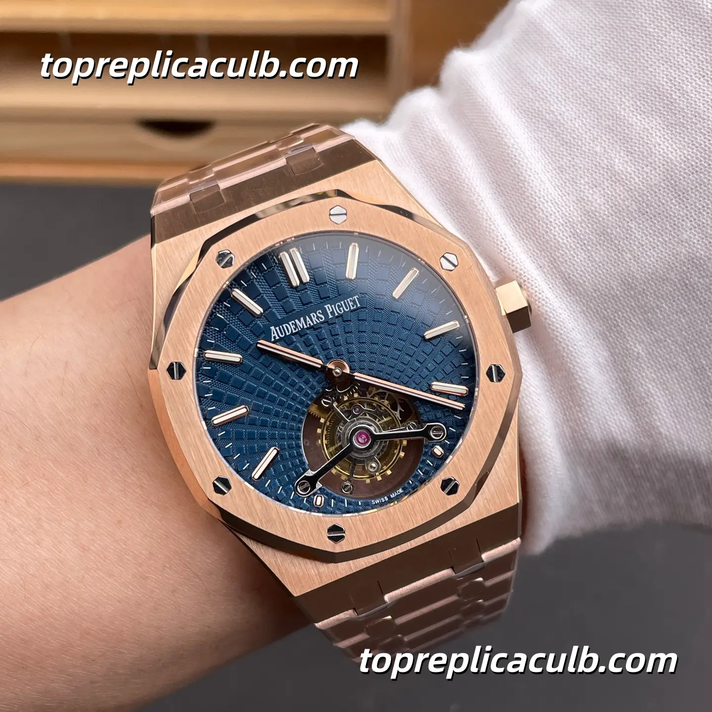BBS Factory Audemars Piguet Royal Oak Tourbillon 41MM 26522OR.OO.1220OR.01 Blue “Evolutive Tapisserie” Dial Rose Gold Style Super Clone Watch with Integrated Bracelet and Flying Tourbillon Automatic Movement - Image 2