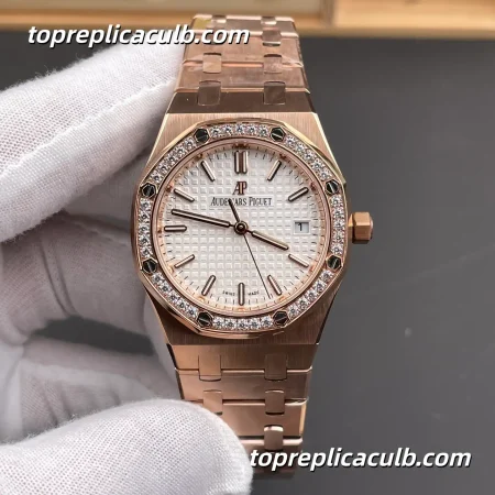 BF Factory Audemars Piguet Royal Oak 34MM 77351OR.ZZ.1261OR.01 Silver Grande Tapisserie Dial Diamond Bezel Rose Gold Bracelet Super Clone Watch