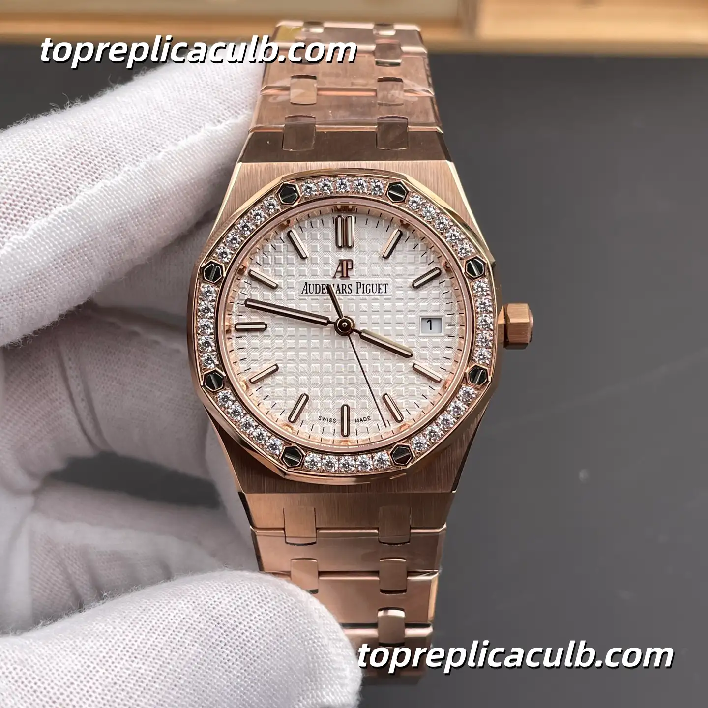 BF Factory Audemars Piguet Royal Oak 34MM 77351OR.ZZ.1261OR.01 Silver Grande Tapisserie Dial Diamond Bezel Rose Gold Bracelet Super Clone Watch