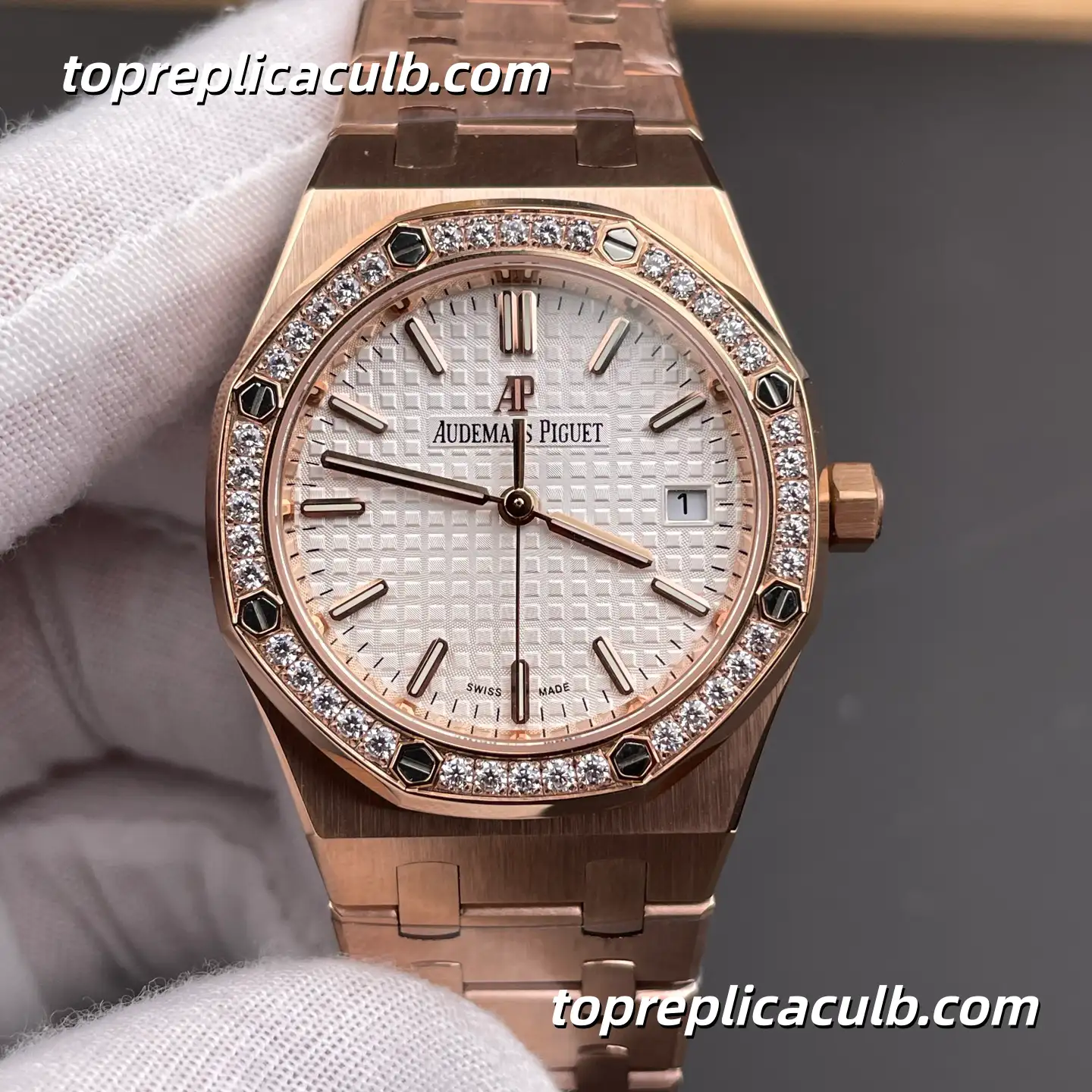 BF Factory Audemars Piguet Royal Oak 34MM 77351OR.ZZ.1261OR.01 Silver Grande Tapisserie Dial Diamond Bezel Rose Gold Bracelet Super Clone Watch with Quartz Movement - Image 3
