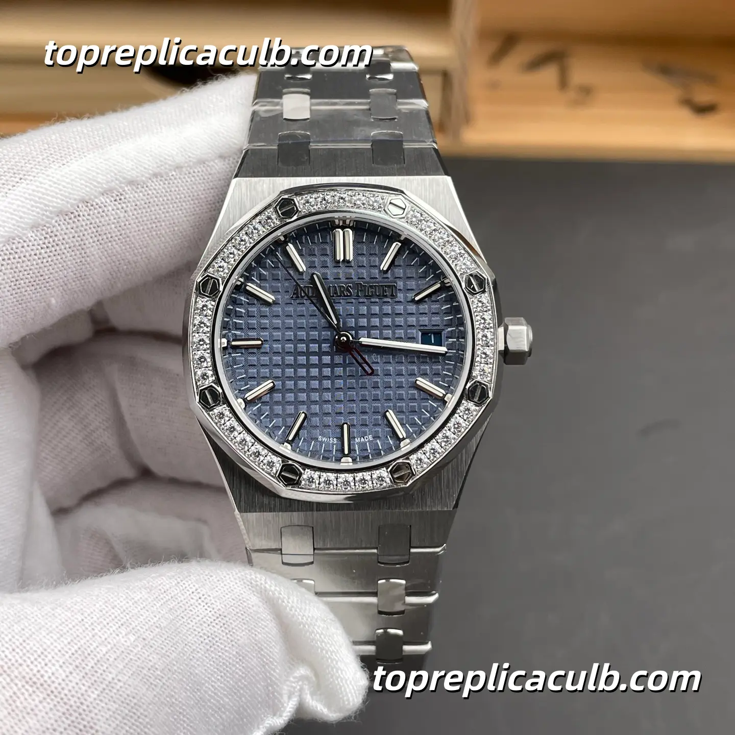 BF Factory Audemars Piguet Royal Oak 34MM 77351ST.ZZ.1261ST.01 Blue Grande Tapisserie Dial Diamond Bezel Stainless Steel Bracelet Super Clone Watch