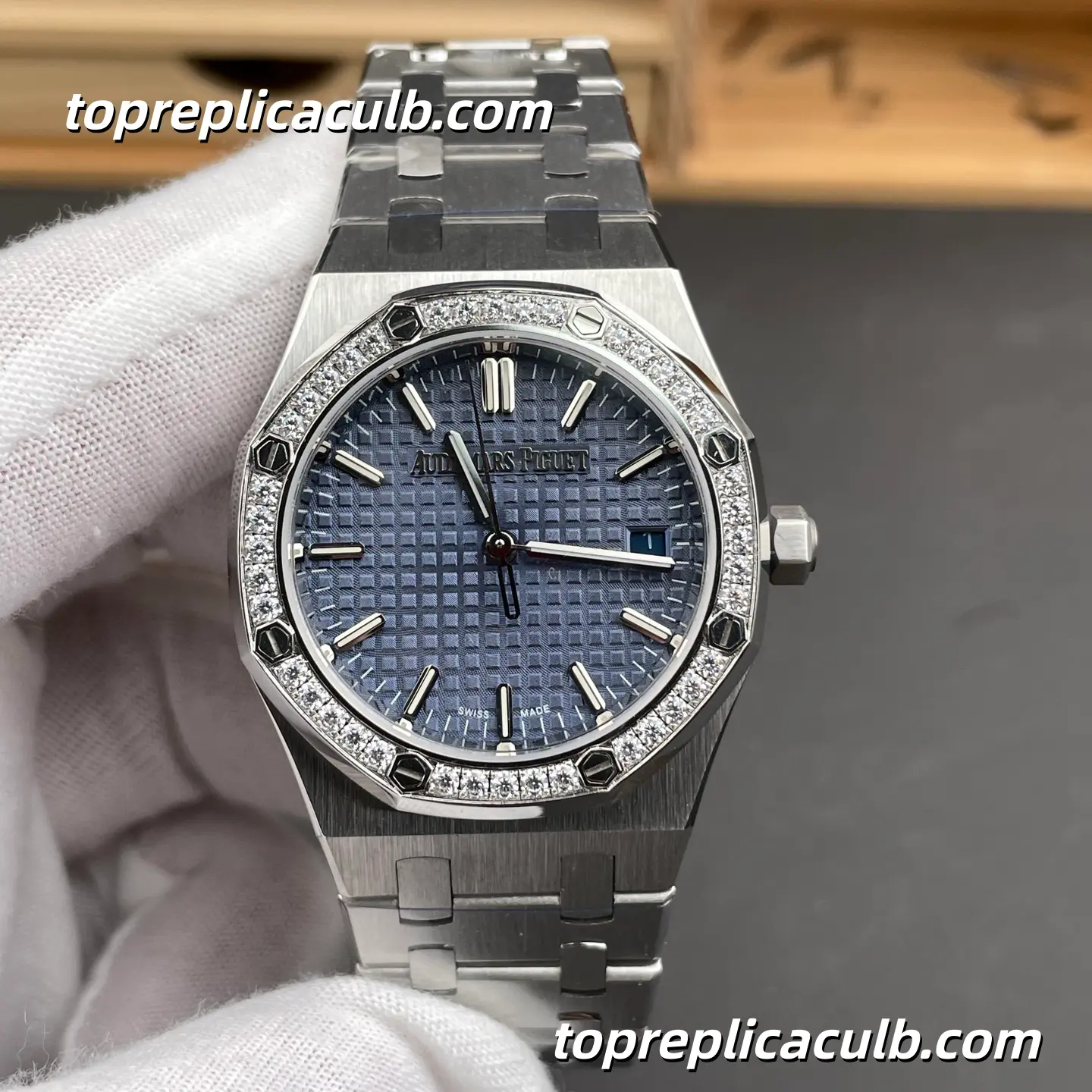 BF Factory Audemars Piguet Royal Oak 34MM 77351ST.ZZ.1261ST.01 Blue Grande Tapisserie Dial Diamond Bezel Stainless Steel Bracelet Super Clone Watch with Miyota/Citizen 9015 Automatic Movement - Image 3
