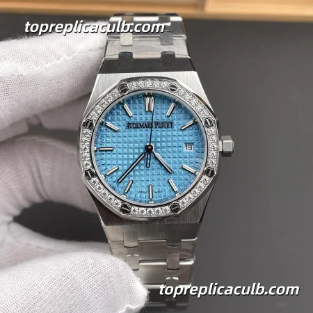 BF Factory Audemars Piguet Royal Oak 34MM 77451ST.ZZ.1361ST.03 Ice Blue “Grande Tapisserie” Dial Diamond Bezel Stainless Steel Bracelet Super Clone Watch