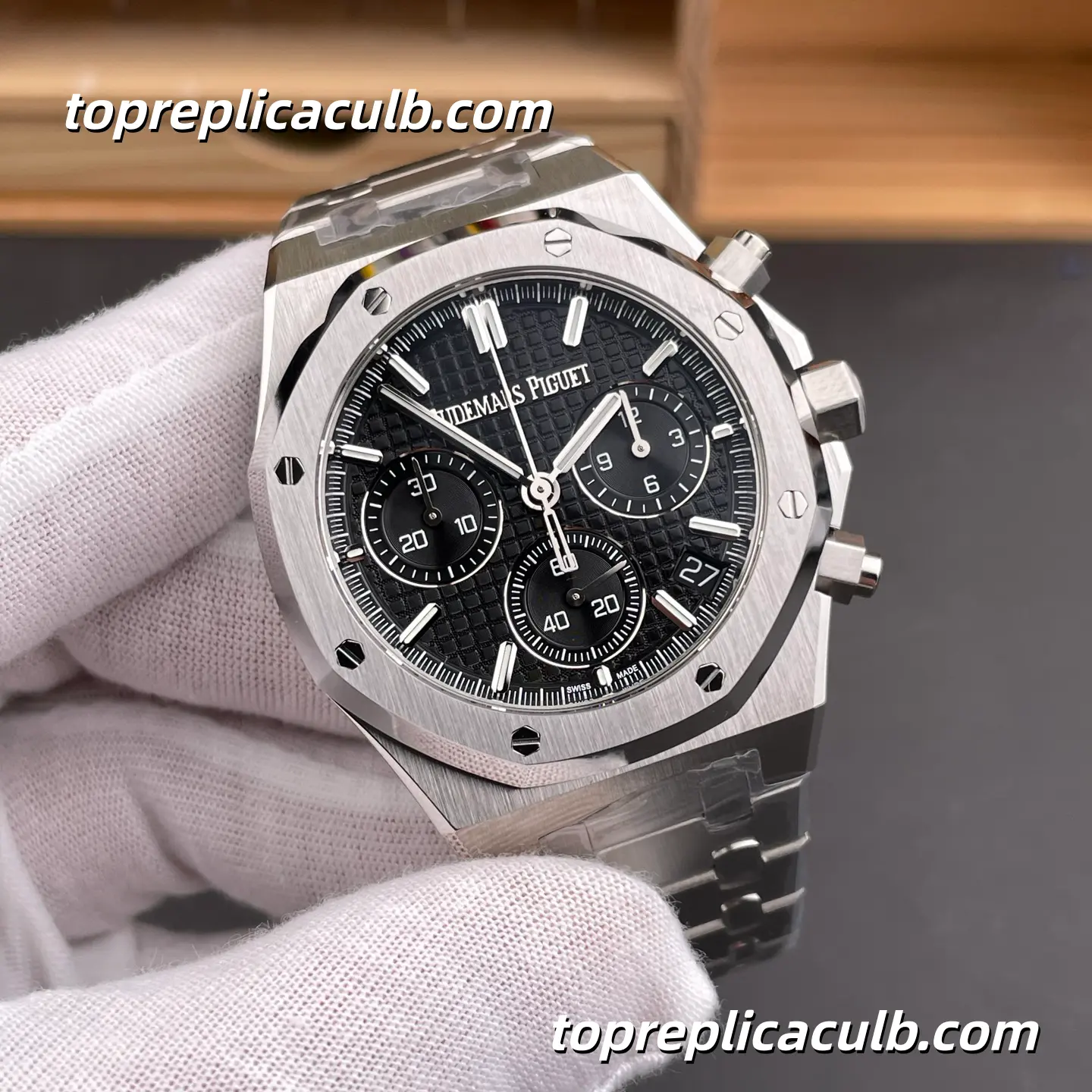 DDS Factory Audemars Piguet Royal Oak Chronograph 41MM 26240ST.OO.1320ST.06 Black “Grande Tapisserie” Dial Stainless Steel Bracelet Super Clone Watch with 4401 1:1 Replica Movement - Image 4