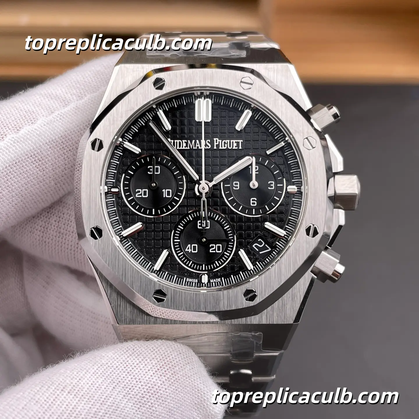 DDS Factory Audemars Piguet Royal Oak Chronograph 41MM 26240ST.OO.1320ST.06 Black “Grande Tapisserie” Dial Stainless Steel Bracelet Super Clone Watch with 4401 1:1 Replica Movement - Image 3