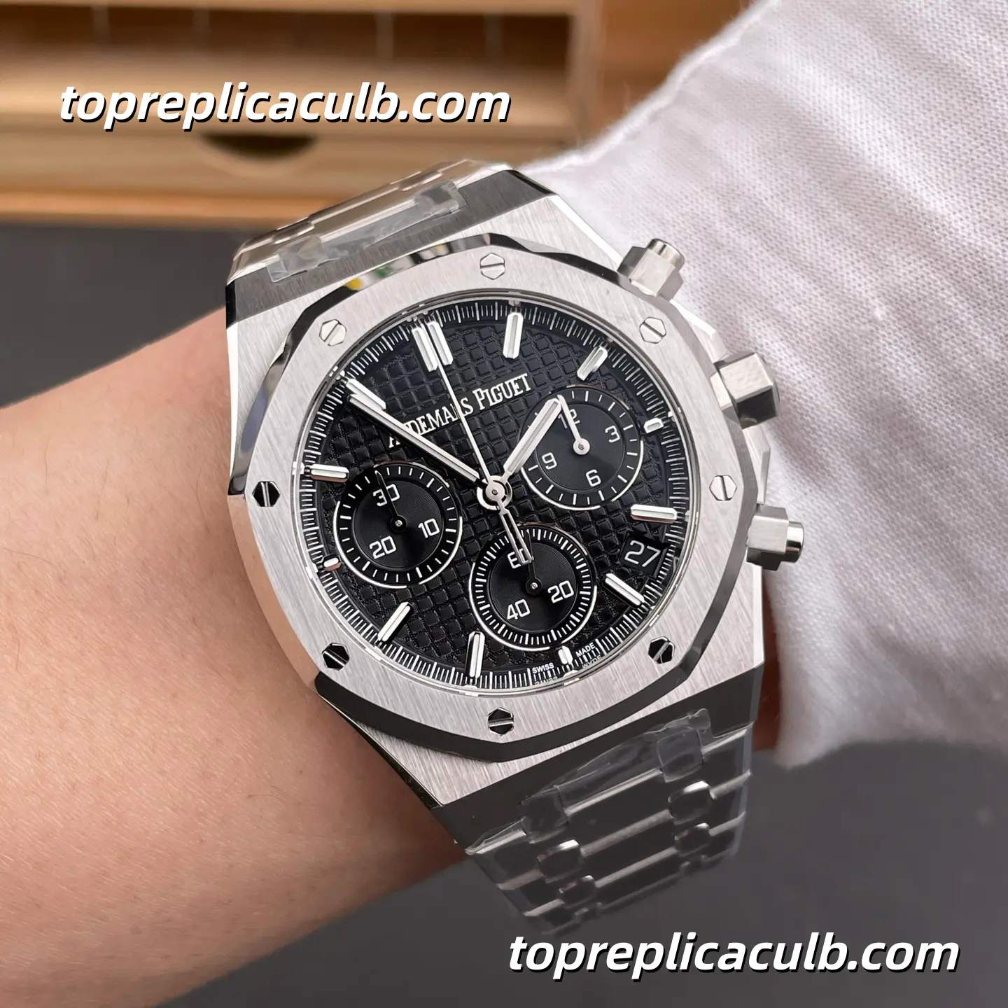 DDS Factory Audemars Piguet Royal Oak Chronograph 41MM 26240ST.OO.1320ST.06 Black “Grande Tapisserie” Dial Stainless Steel Bracelet Super Clone Watch with 4401 1:1 Replica Movement - Image 2