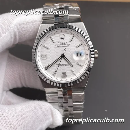 ES Factory Rolex Land-Dweller 127334-0001 40MM White Honeycomb Dial Fluted Bezel Stainless Steel Jubilee Bracelet Super Clone Watch with 7135 Movement
