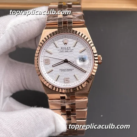 ES Factory Rolex Land-Dweller 127335-0001 40MM White Honeycomb Dial Fluted Bezel Everose Gold Jubilee Bracelet Super Clone Watch with 7135 Movement