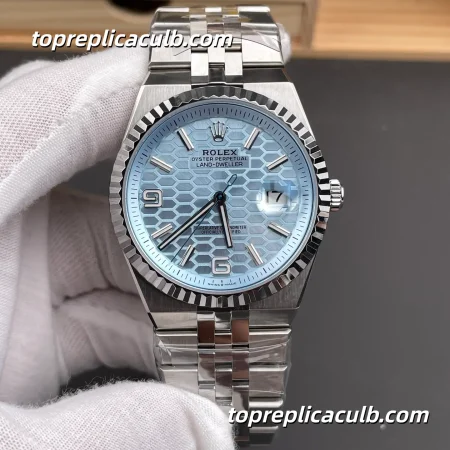 ES Factory Rolex Land-Dweller 127336-0001 40MM Ice Blue Honeycomb Dial Fluted Bezel Platinum Super Clone Watch with 7135 Movement