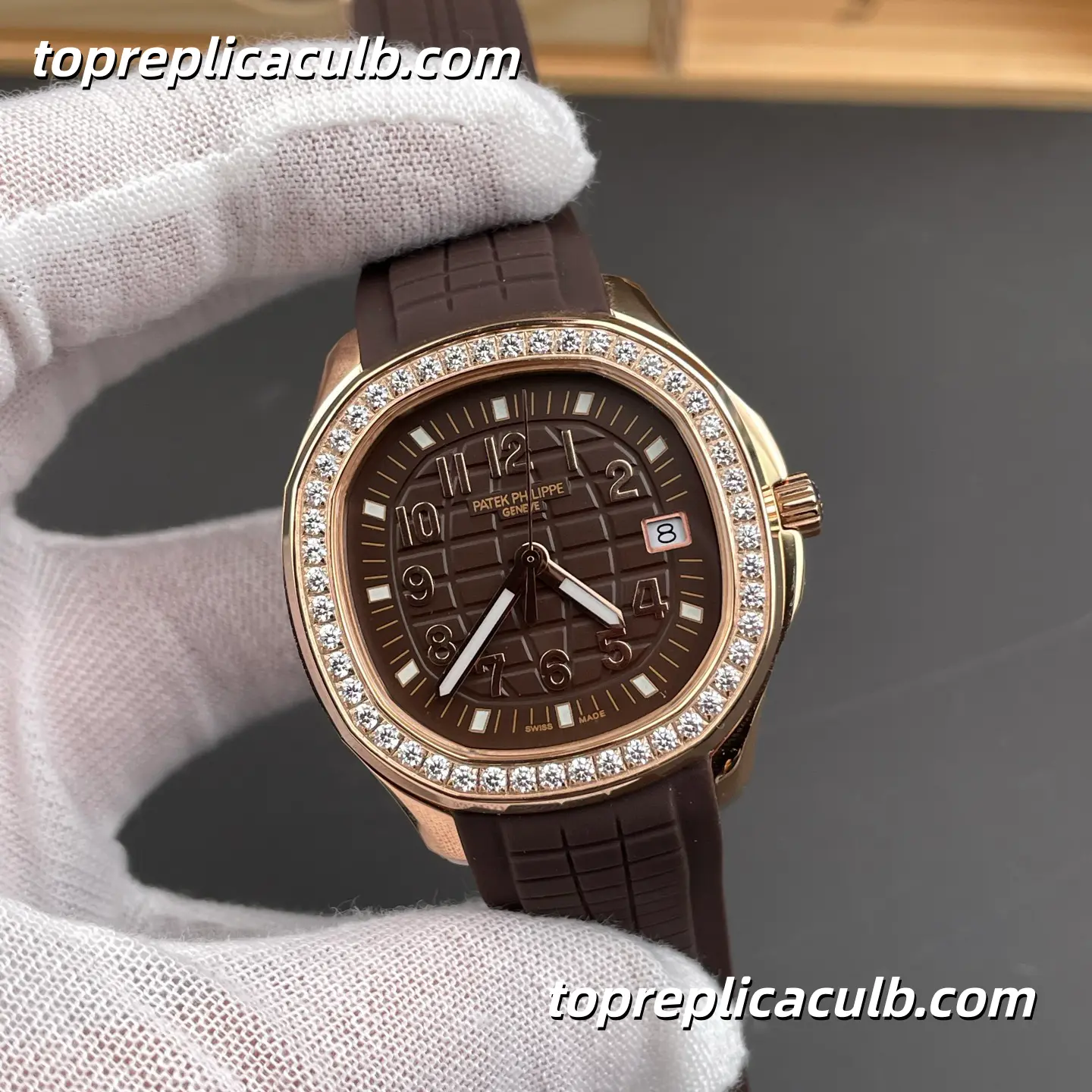 GR Factory Patek Philippe Aquanaut Luce 5268/200R-010 Super Clone Watch 38.8mm Dial Diamond Bezel Rose Gold Case Brown Tropical Rubber Strap Quartz Movement - Image 4