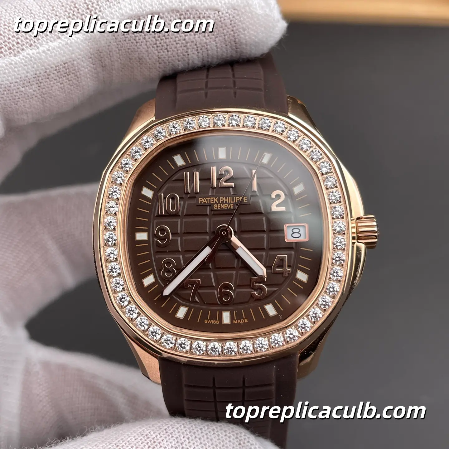 GR Factory Patek Philippe Aquanaut Luce 5268/200R-010 Super Clone Watch 38.8mm Dial Diamond Bezel Rose Gold Case Brown Tropical Rubber Strap Quartz Movement - Image 3