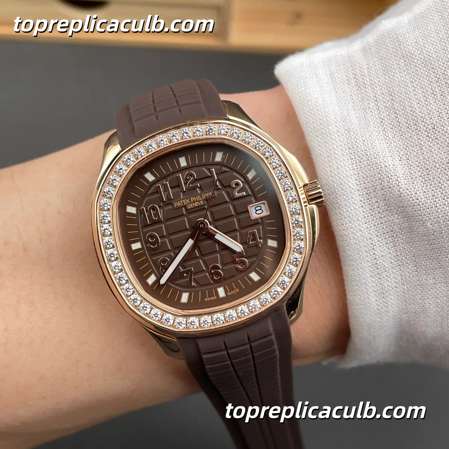 GR Factory Patek Philippe Aquanaut Luce 5268/200R-010 Super Clone Watch 38.8mm Dial Diamond Bezel Rose Gold Case Brown Tropical Rubber Strap Quartz Movement - Image 2