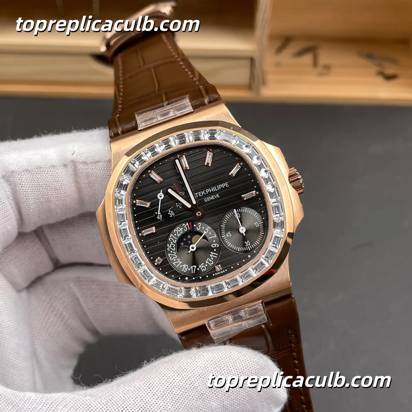 GR Factory Patek Philippe Nautilus 5724R-001 Super Clone Watch 40mm Rose Gold Case Baguette Diamond Bezel Moonphase Power Reserve Automatic Movement - Image 4