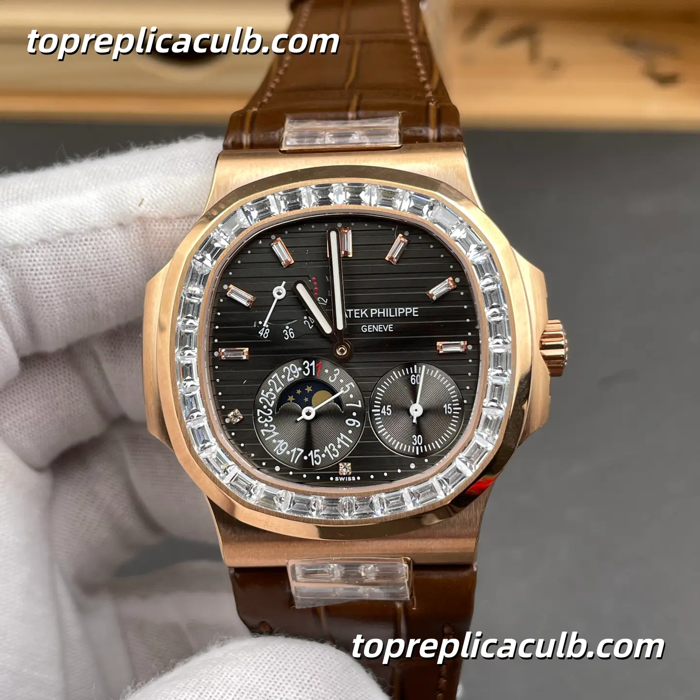 GR Factory Patek Philippe Nautilus 5724R-001 Super Clone Watch 40mm Rose Gold Case Baguette Diamond Bezel Moonphase Power Reserve Automatic Movement - Image 3