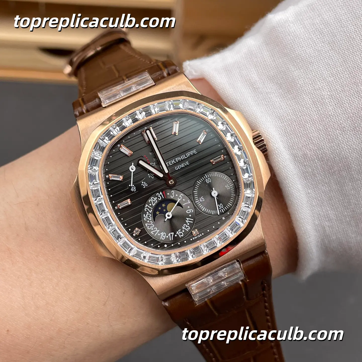 GR Factory Patek Philippe Nautilus 5724R-001 Super Clone Watch 40mm Rose Gold Case Baguette Diamond Bezel Moonphase Power Reserve Automatic Movement - Image 2
