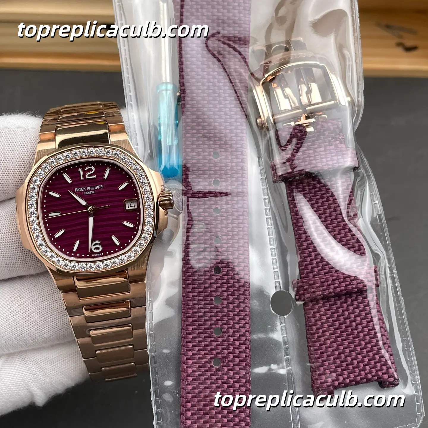 GR Factory Patek Philippe Nautilus Ladies Series 7010/1R-013 Super Clone Watch 32mm Purple Dial Diamond Bezel Rose Gold Bracelet Quartz Movement - Image 5