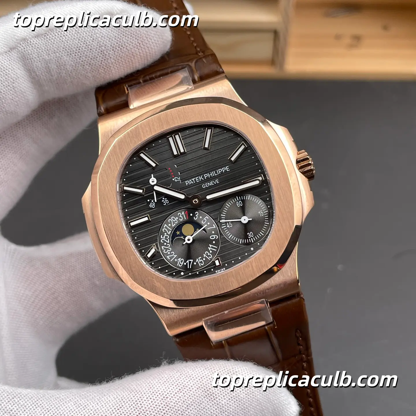 GR Factory Patek Philippe Nautilus Series 5712R-001 Super Clone Watch 40mm Black Dial Rose Gold Case Brown Leather Strap Moonphase Power Reserve Automatic Movement - Image 4